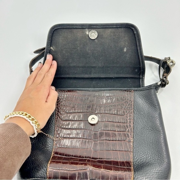 BRIGHTON Shoulder Bag 90s Y2K Leather Black Peb Brown Croc Emboss Single Strap - Picture 6 of 8